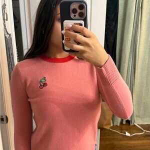 Tory Burch Pink Crew Neck Sweater with Red Trim